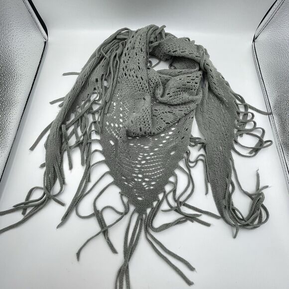 Mark Gray Knitted Fringe Triangle Shawl Boho Chic Openwork Scarf Wrap - Picture 1 of 6